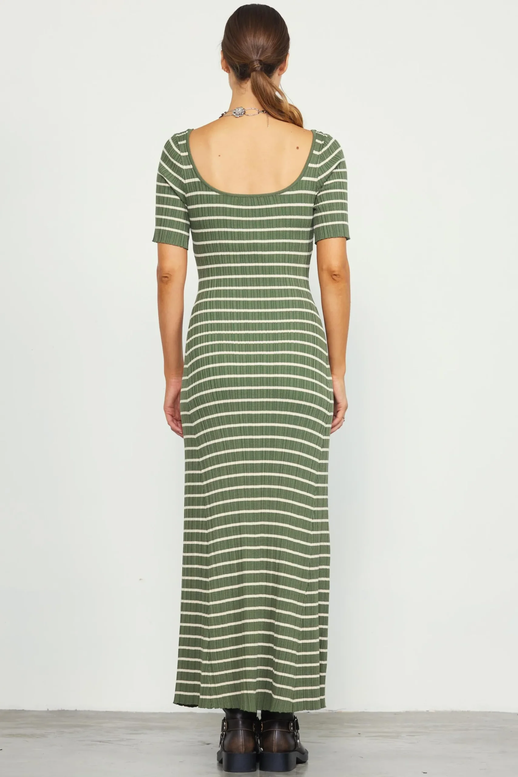 SKIES ARE BLUE Maxi Dresses*Short Sleeve Striped Knit Maxi Dress Olive-cream