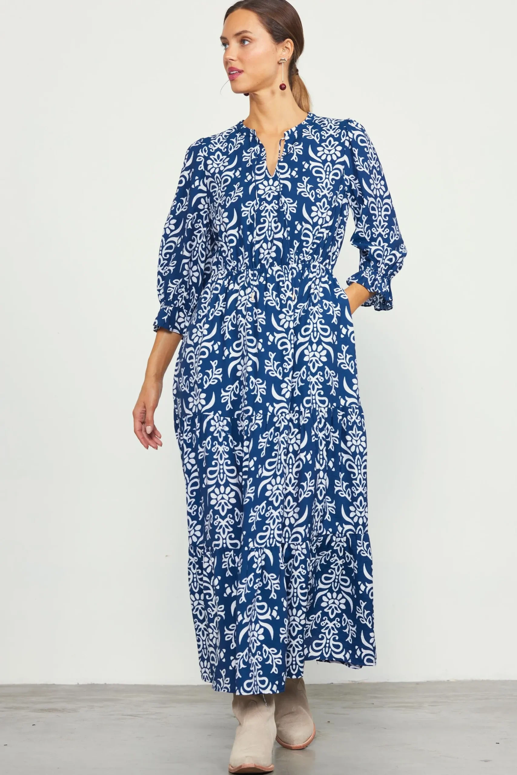 SKIES ARE BLUE Maxi Dresses*Skye Split Neck Ruffle Maxi Dress Navy
