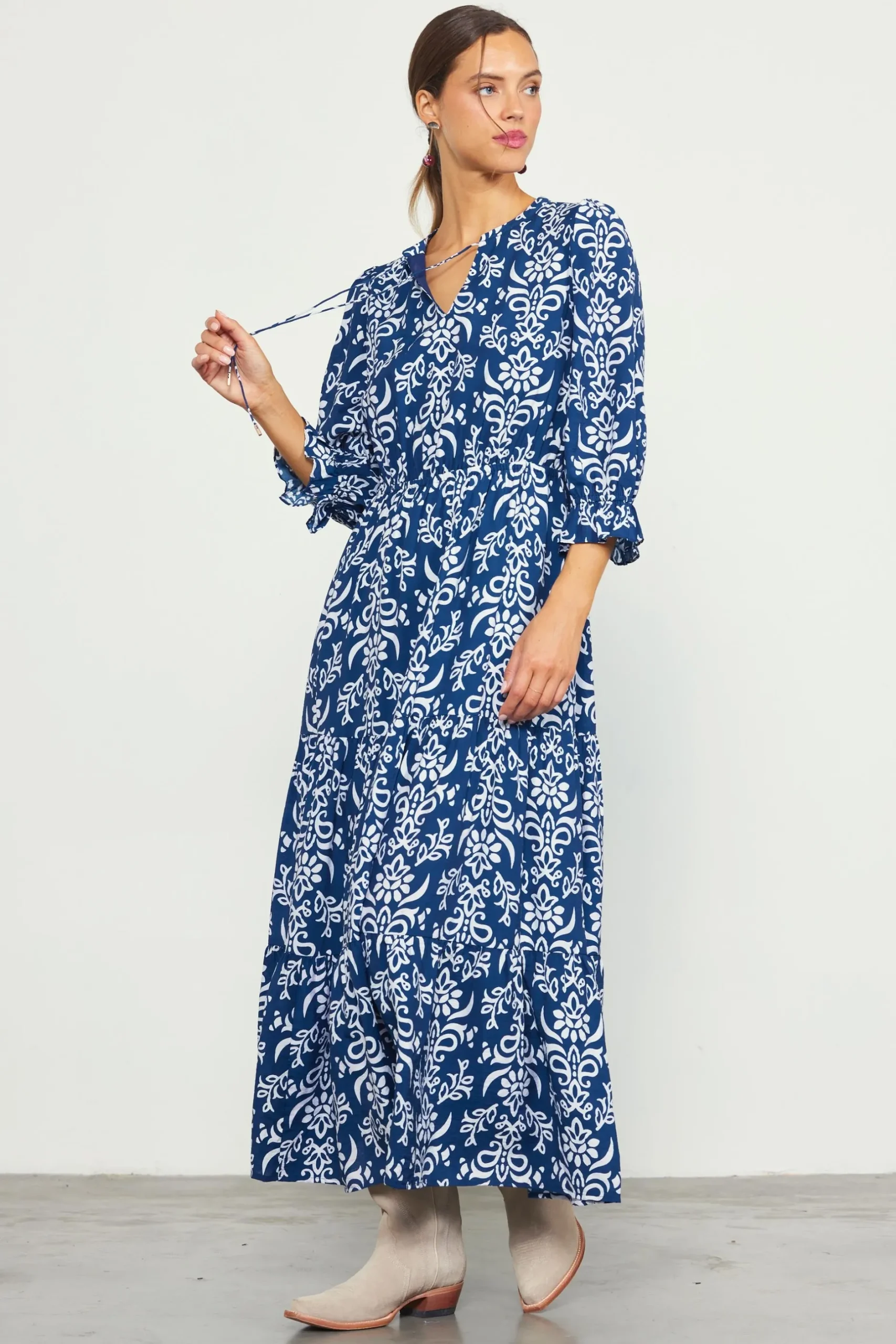 SKIES ARE BLUE Maxi Dresses*Skye Split Neck Ruffle Maxi Dress Navy