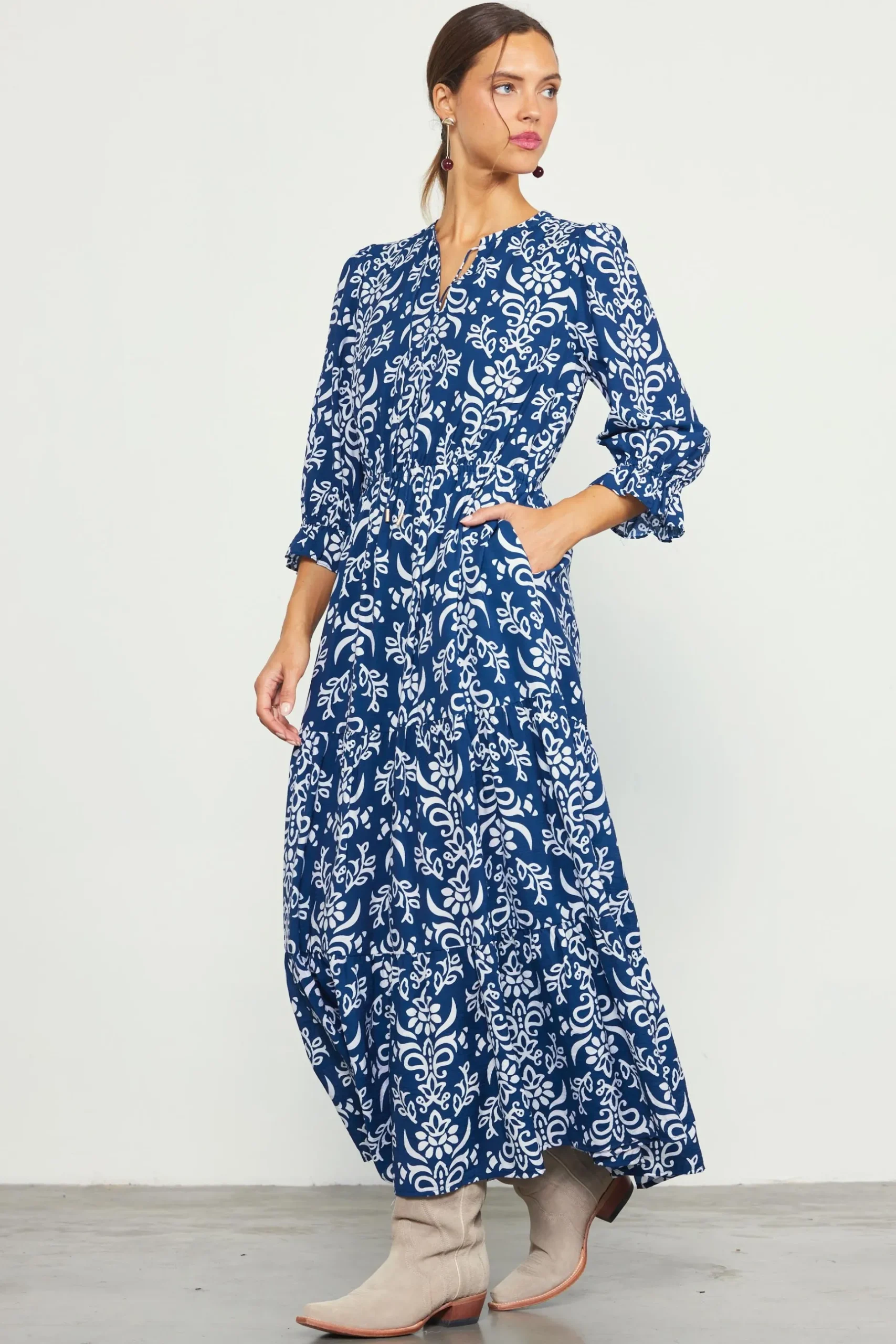 SKIES ARE BLUE Maxi Dresses*Skye Split Neck Ruffle Maxi Dress Navy