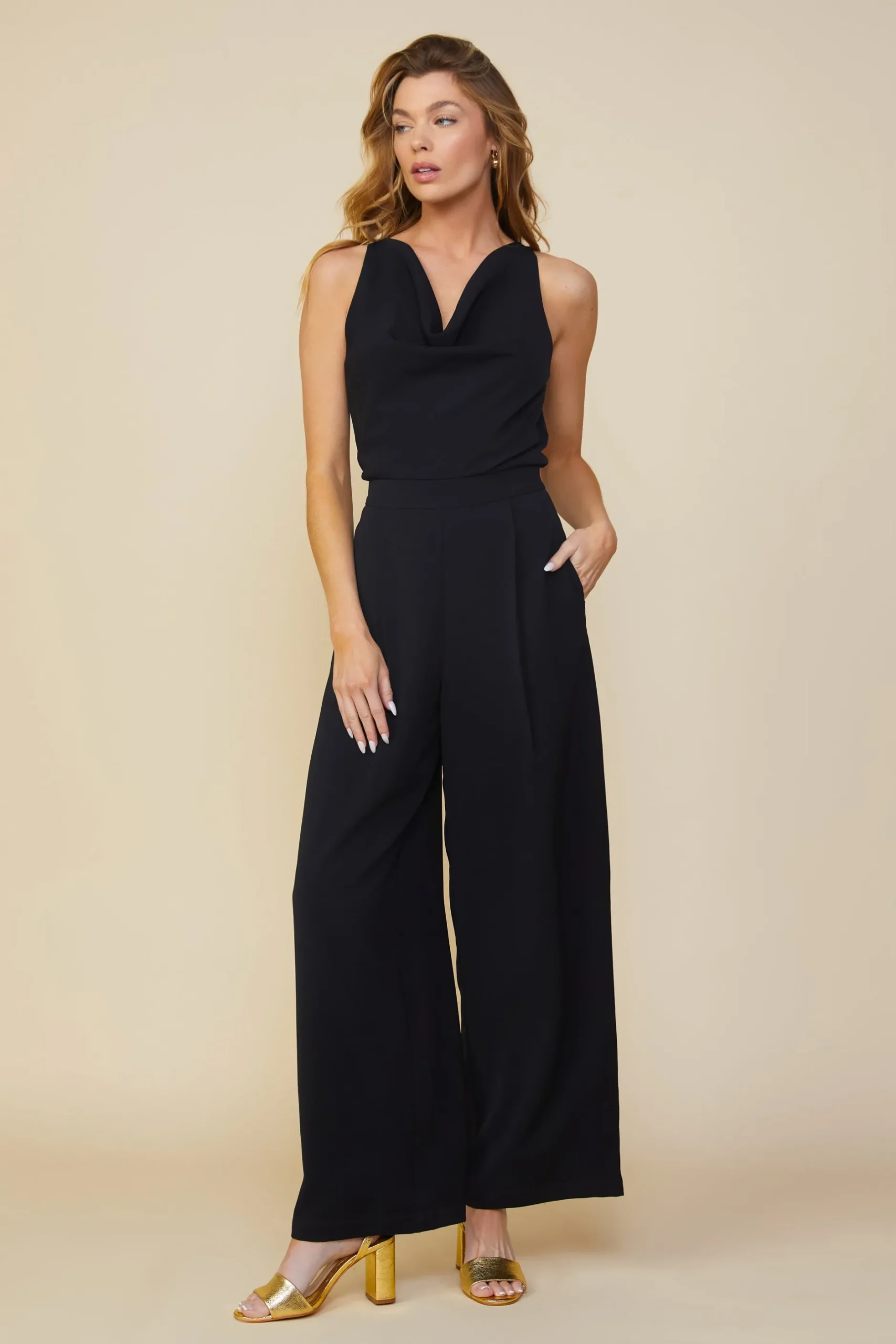 SKIES ARE BLUE Jumpsuits*Sleeveless Cowl Neck Jumpsuit Black
