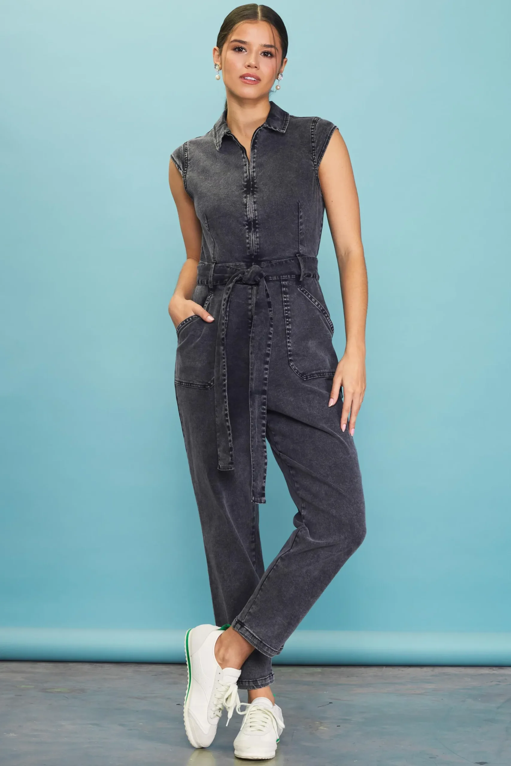 SKIES ARE BLUE Jumpsuits*Sleeveless Washed Denim Jumpsuit Black