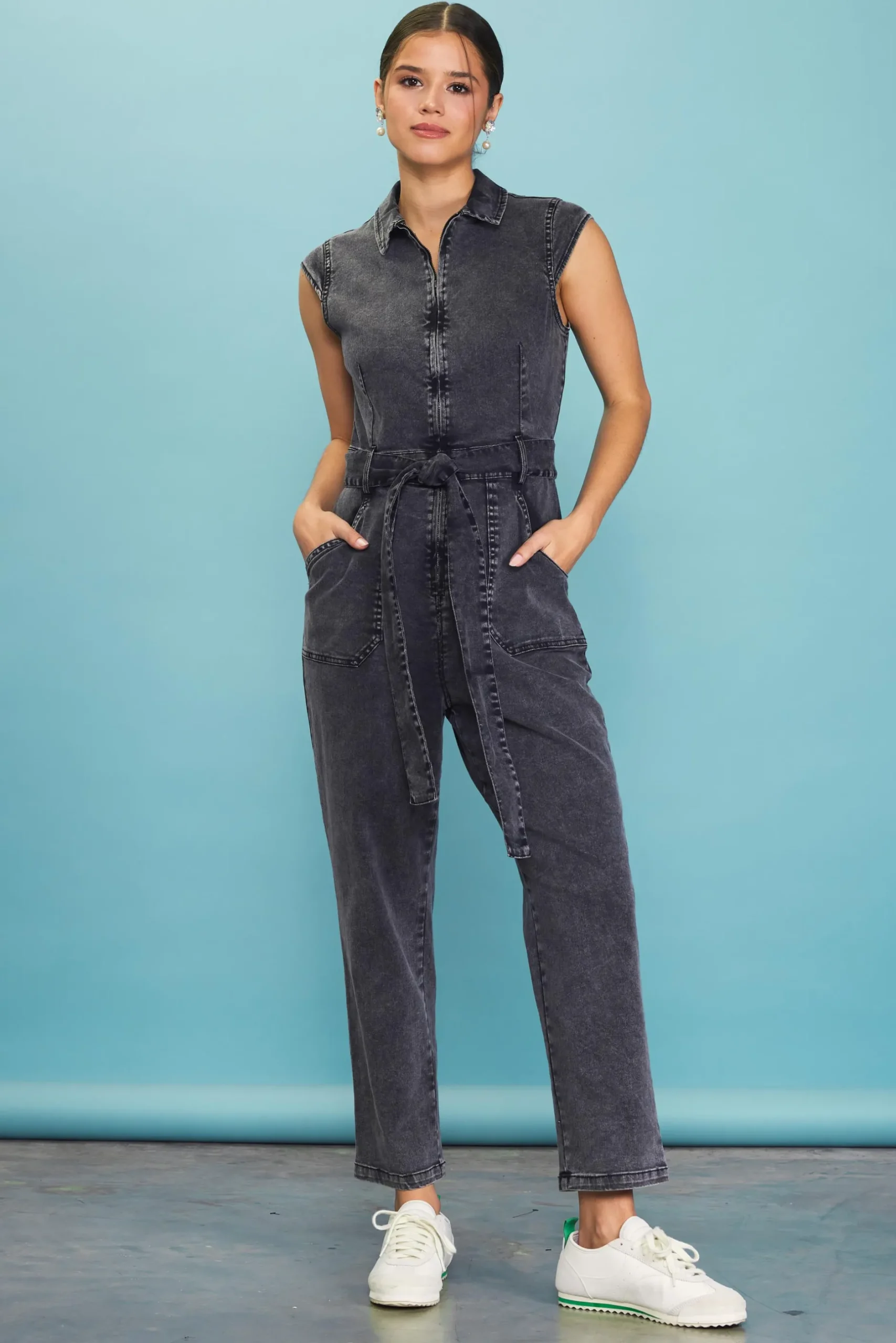 SKIES ARE BLUE Jumpsuits*Sleeveless Washed Denim Jumpsuit Black