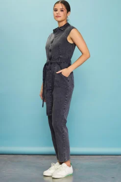 SKIES ARE BLUE Jumpsuits*Sleeveless Washed Denim Jumpsuit Black