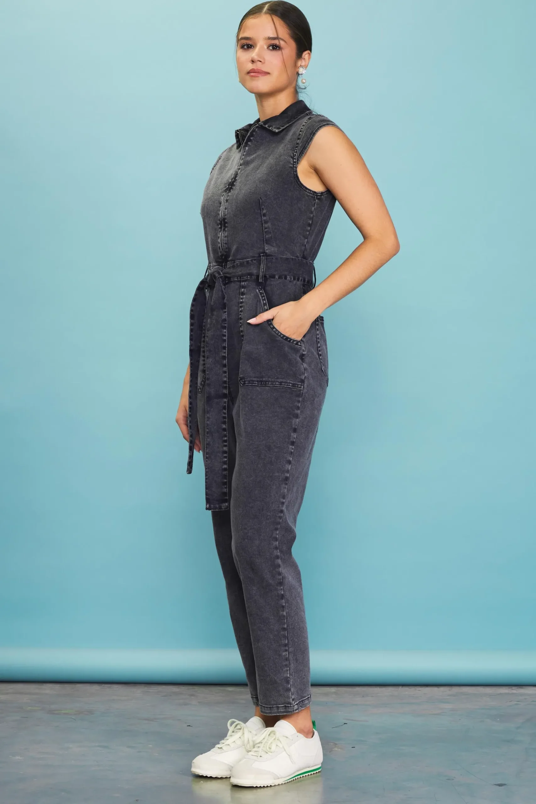 SKIES ARE BLUE Jumpsuits*Sleeveless Washed Denim Jumpsuit Black