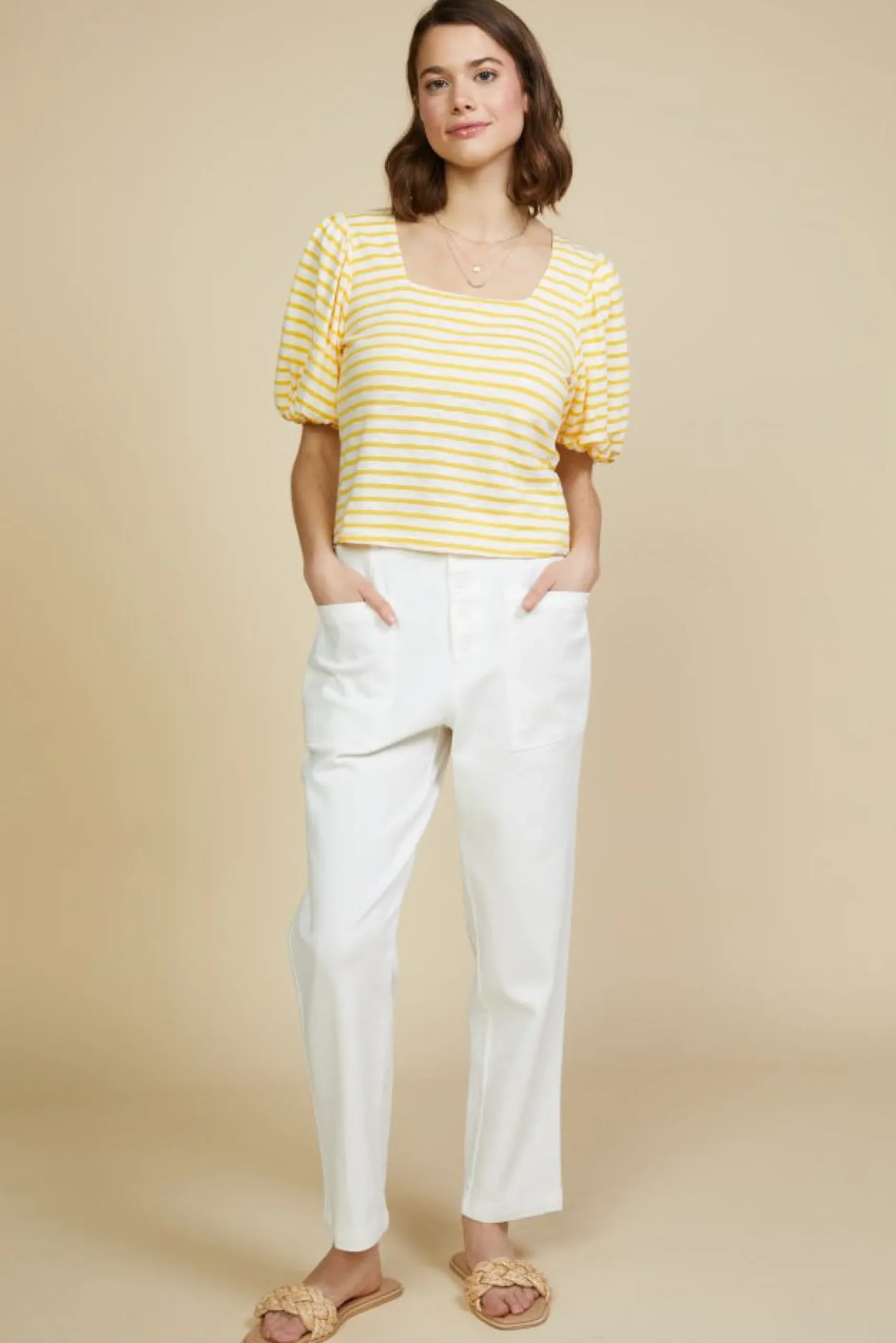 SKIES ARE BLUE Short Sleeve Tops*Square Neck Striped Top Mangosorbet