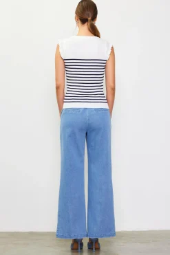 SKIES ARE BLUE Sleeveless Tops*Stripe Ruffle Sleeve Knit Top White-navy