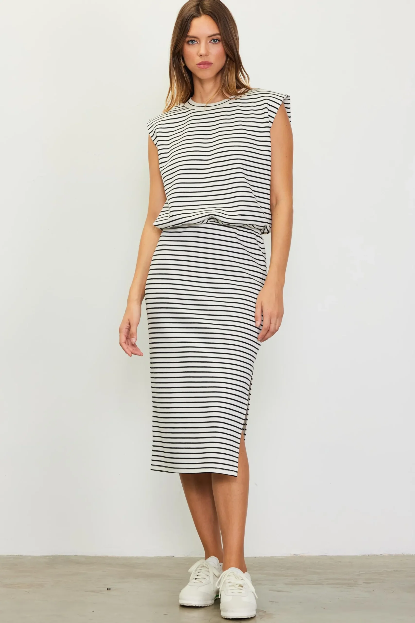SKIES ARE BLUE Skirts*Striped Midi Skirt Ivory-black