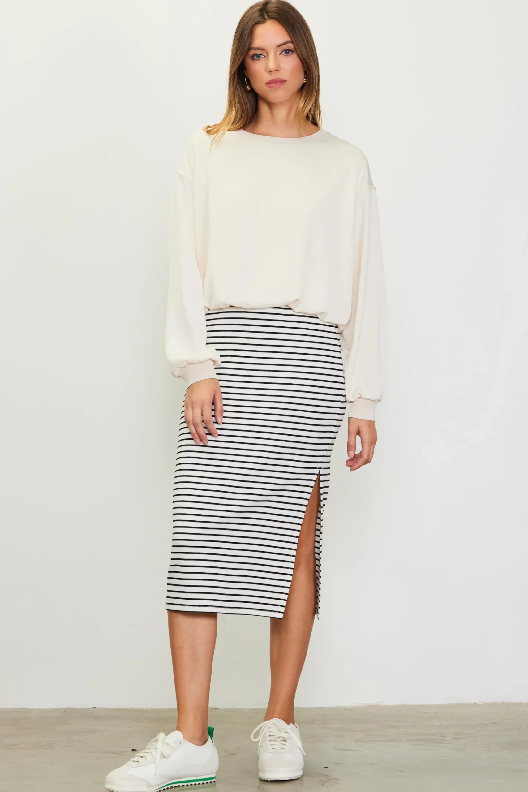 SKIES ARE BLUE Skirts*Striped Midi Skirt Ivory-black