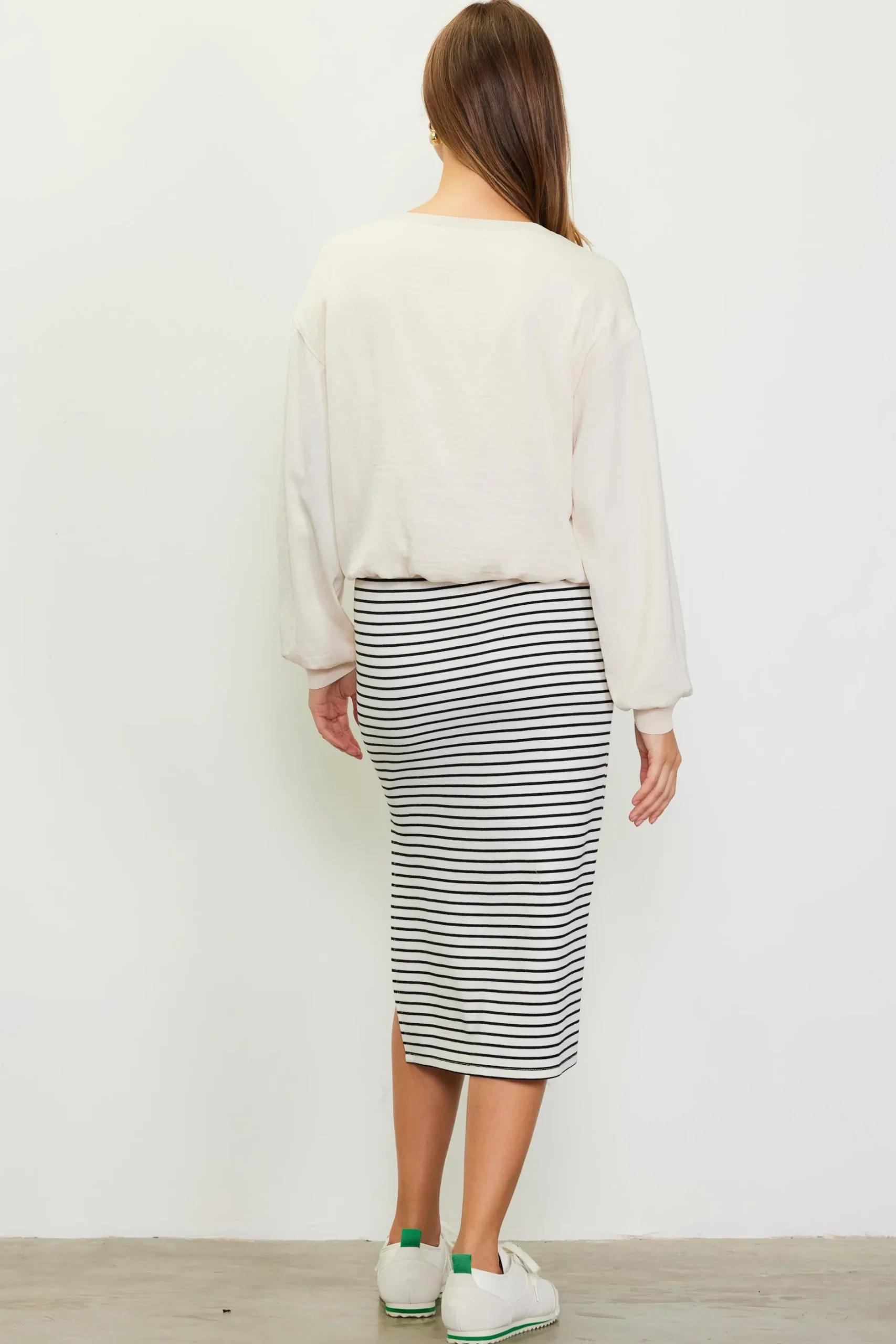 SKIES ARE BLUE Skirts*Striped Midi Skirt Ivory-black