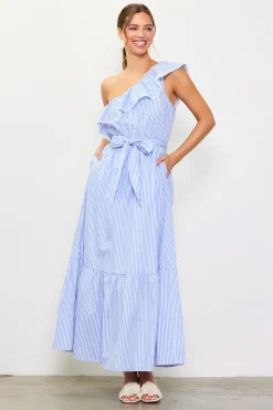 SKIES ARE BLUE Maxi Dresses*Striped One Shoulder Ruffle Dress Blue-white