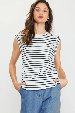 SKIES ARE BLUE Sleeveless Tops*Striped Sleeveless Rib Top White-navy