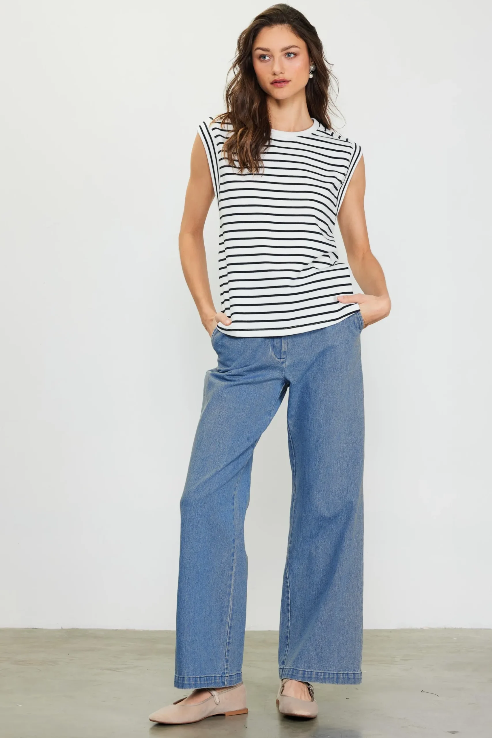 SKIES ARE BLUE Sleeveless Tops*Striped Sleeveless Rib Top White-navy