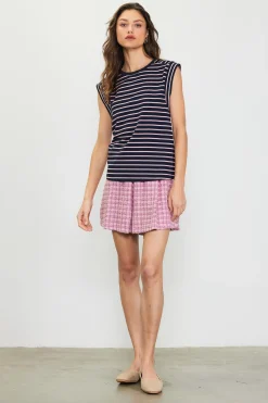 SKIES ARE BLUE Sleeveless Tops*Striped Sleeveless Rib Top Navy/pink