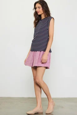 SKIES ARE BLUE Sleeveless Tops*Striped Sleeveless Rib Top Navy/pink
