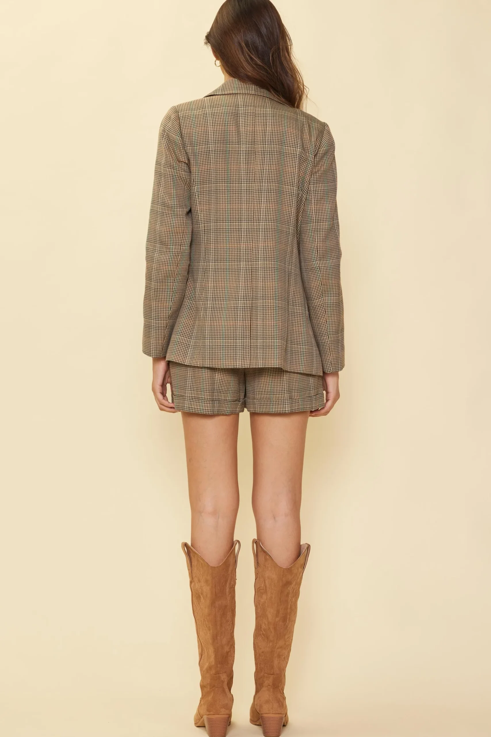 SKIES ARE BLUE Blazers*Structured Plaid Blazer Camel