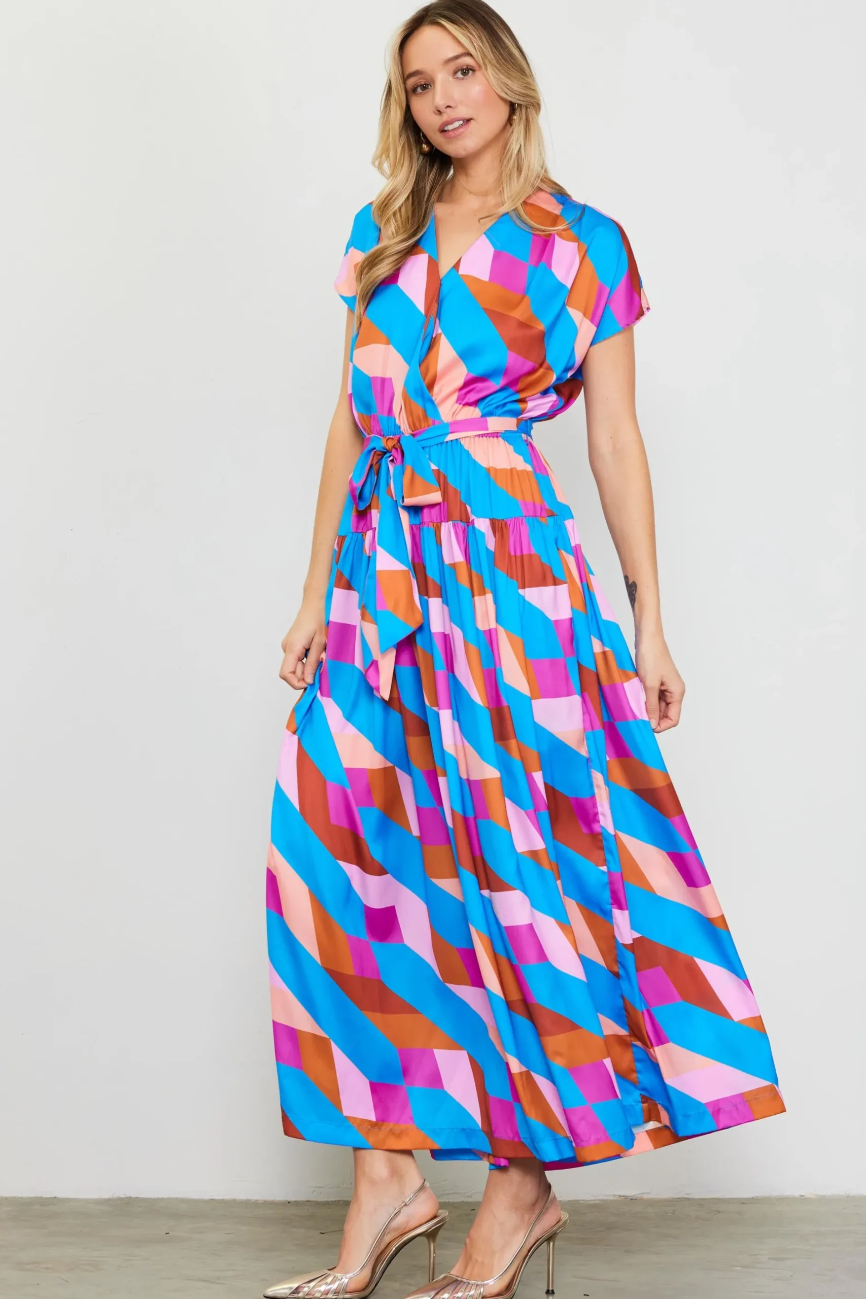 SKIES ARE BLUE Maxi Dresses*Surplice Bodice Geometric Print Maxi Dress Blue-mulberry
