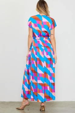 SKIES ARE BLUE Maxi Dresses*Surplice Bodice Geometric Print Maxi Dress Blue-mulberry