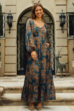SKIES ARE BLUE Maxi Dresses*Sweetheart Neckline Longsleeve Maxi Dress Teal-mustard