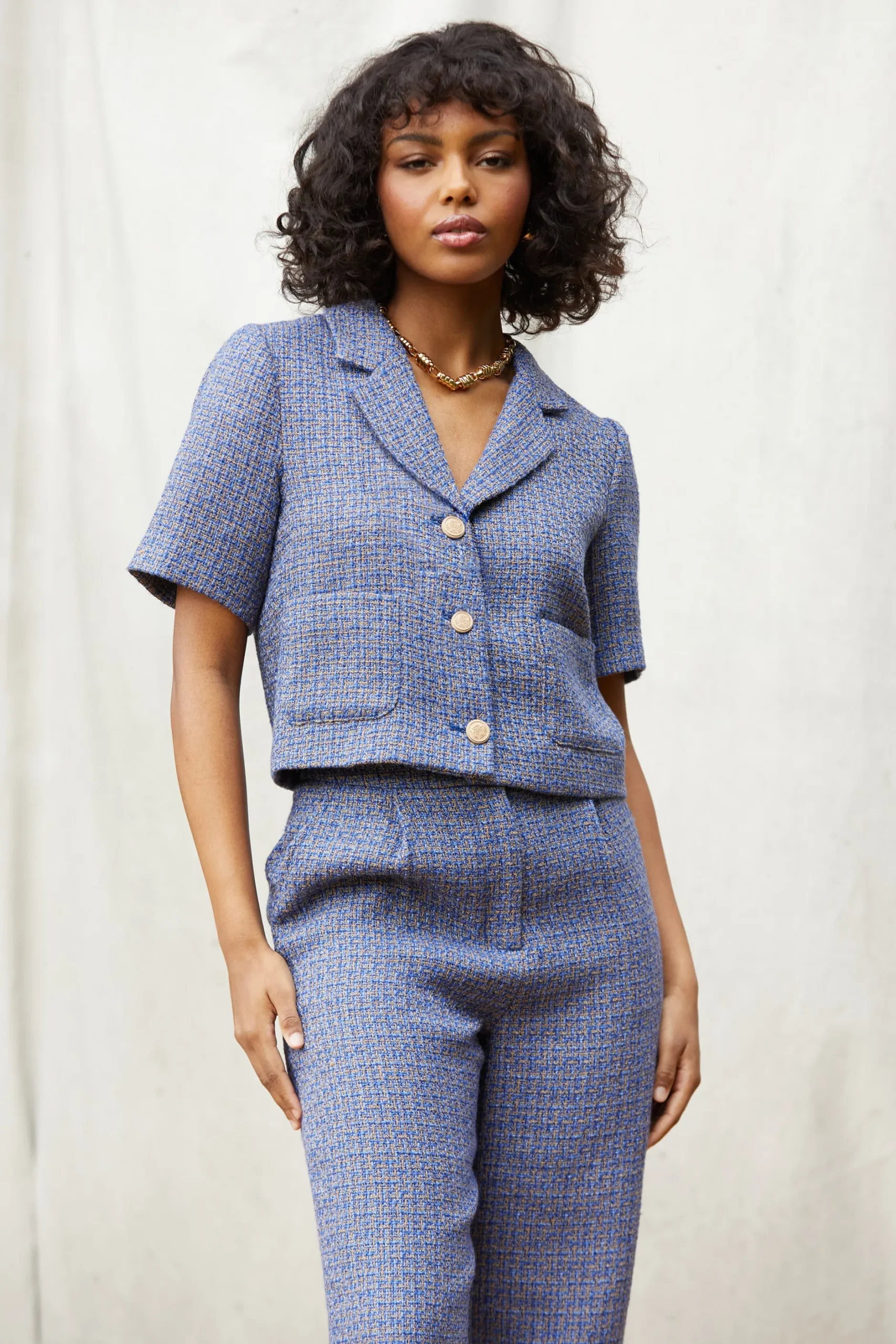 SKIES ARE BLUE Blazers*Tailored Tweed Cropped Blazer Blue