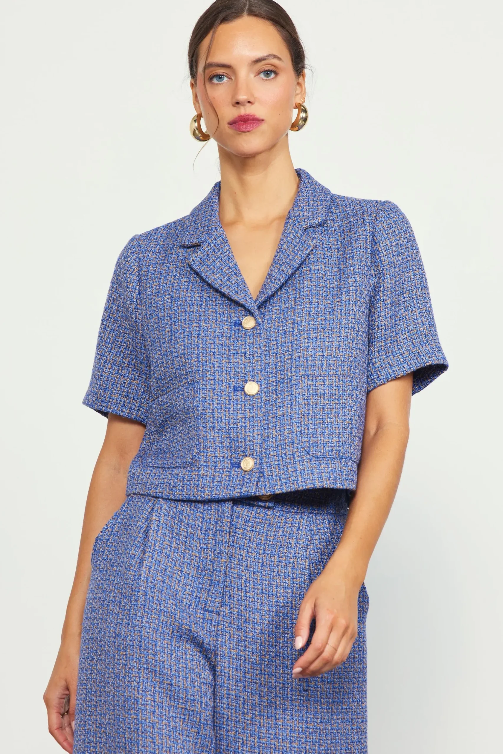 SKIES ARE BLUE Blazers*Tailored Tweed Cropped Blazer Blue