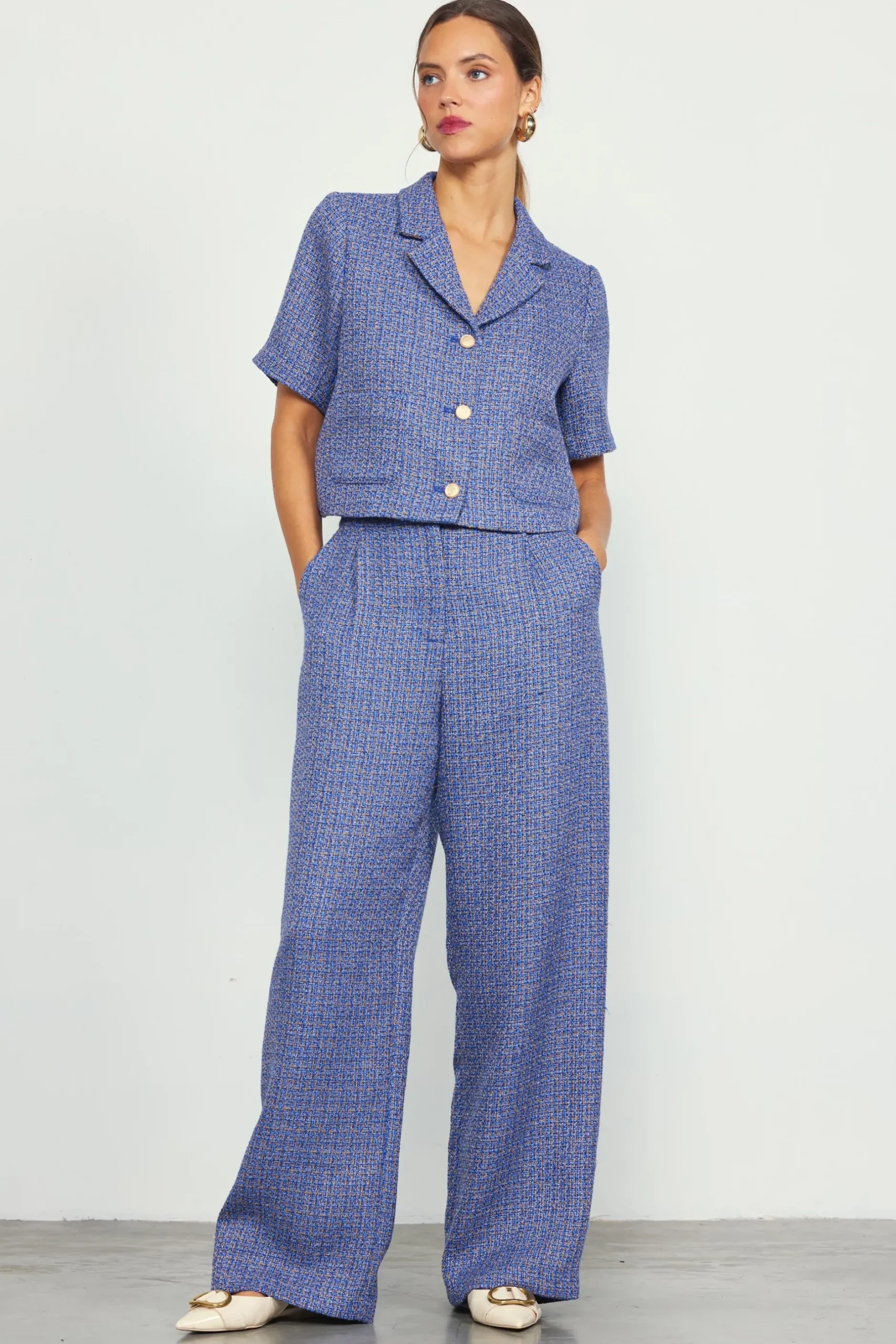 SKIES ARE BLUE Blazers*Tailored Tweed Cropped Blazer Blue