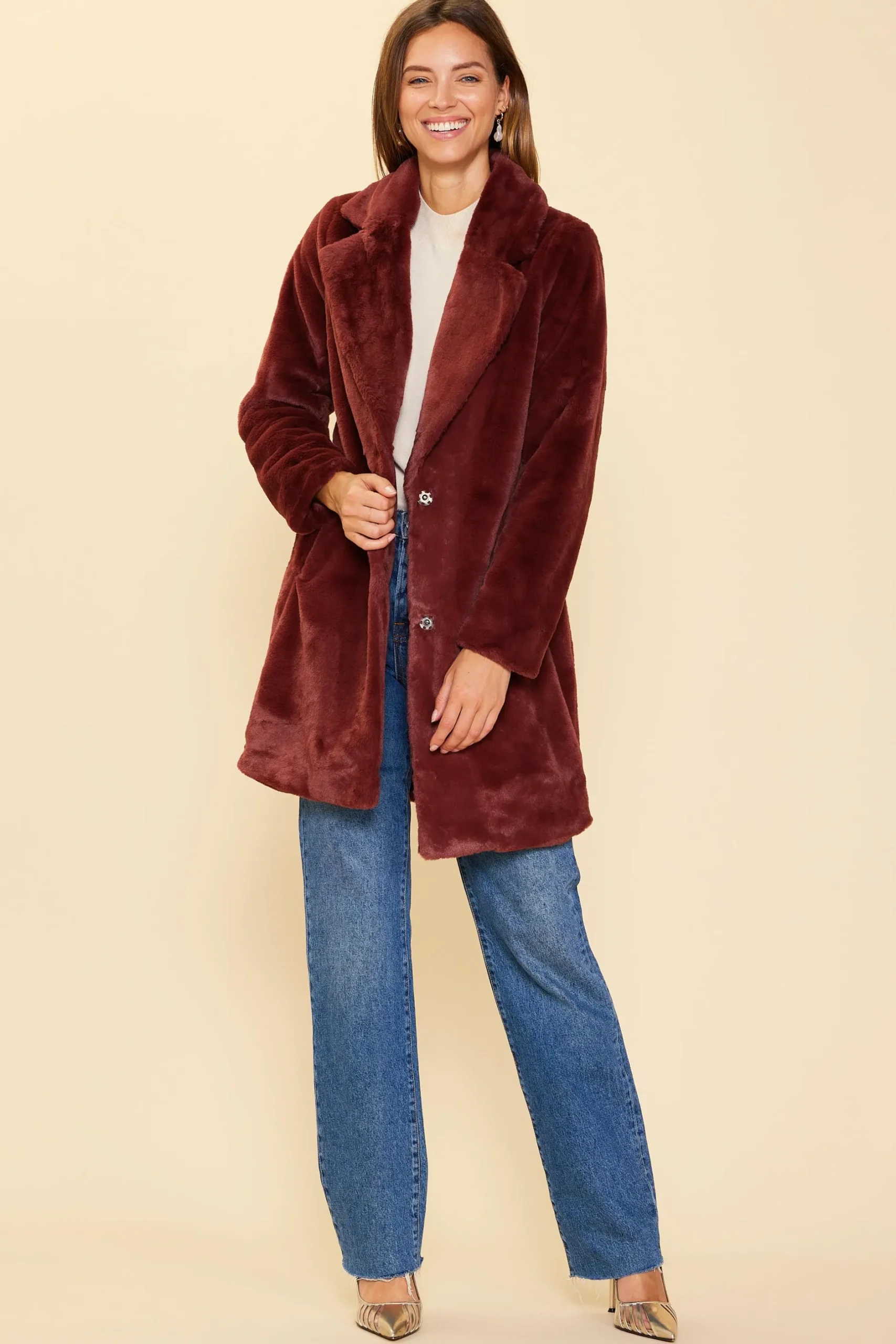 SKIES ARE BLUE Outerwear*Teddy Faux Fur Coat Chocobrown