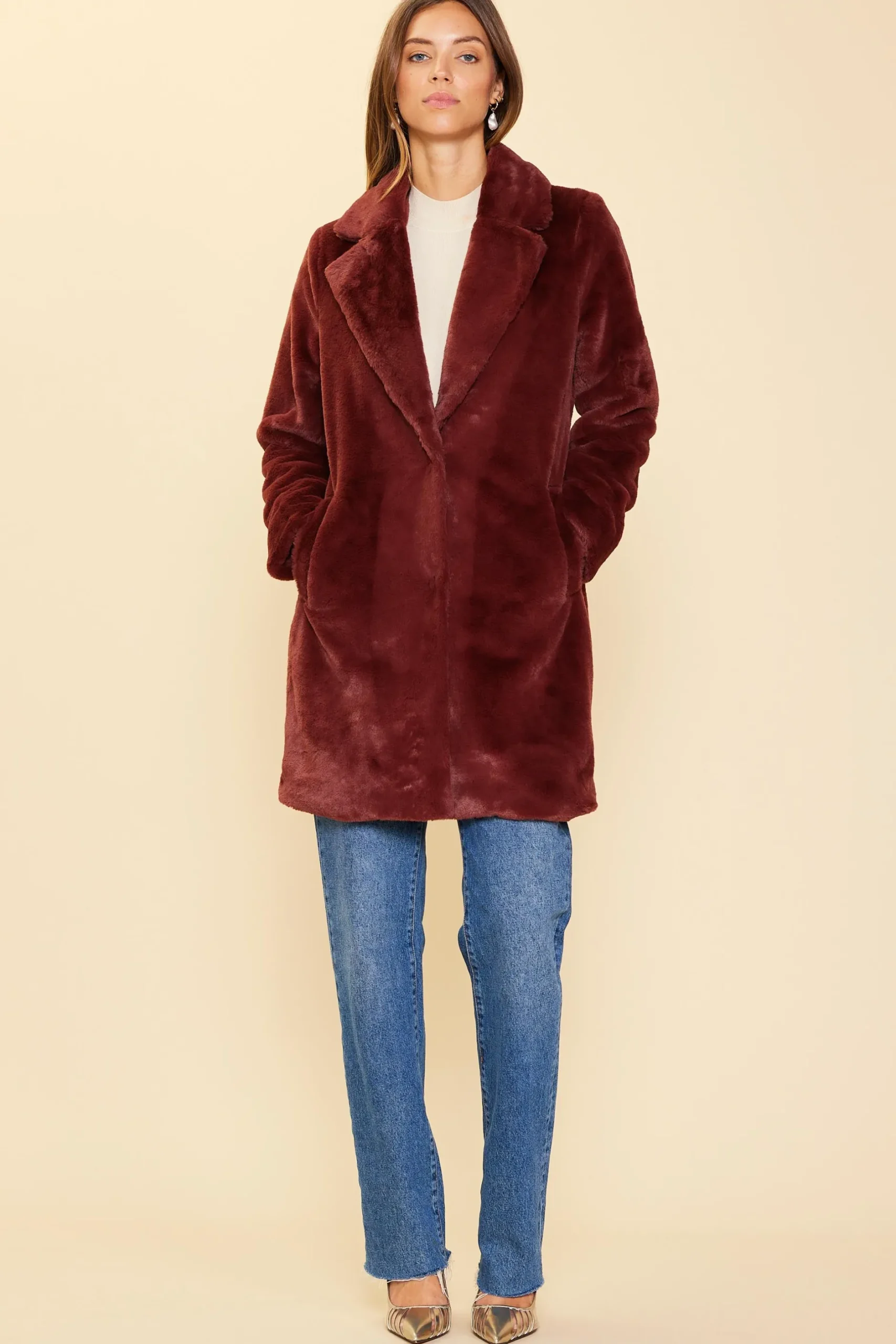 SKIES ARE BLUE Outerwear*Teddy Faux Fur Coat Chocobrown