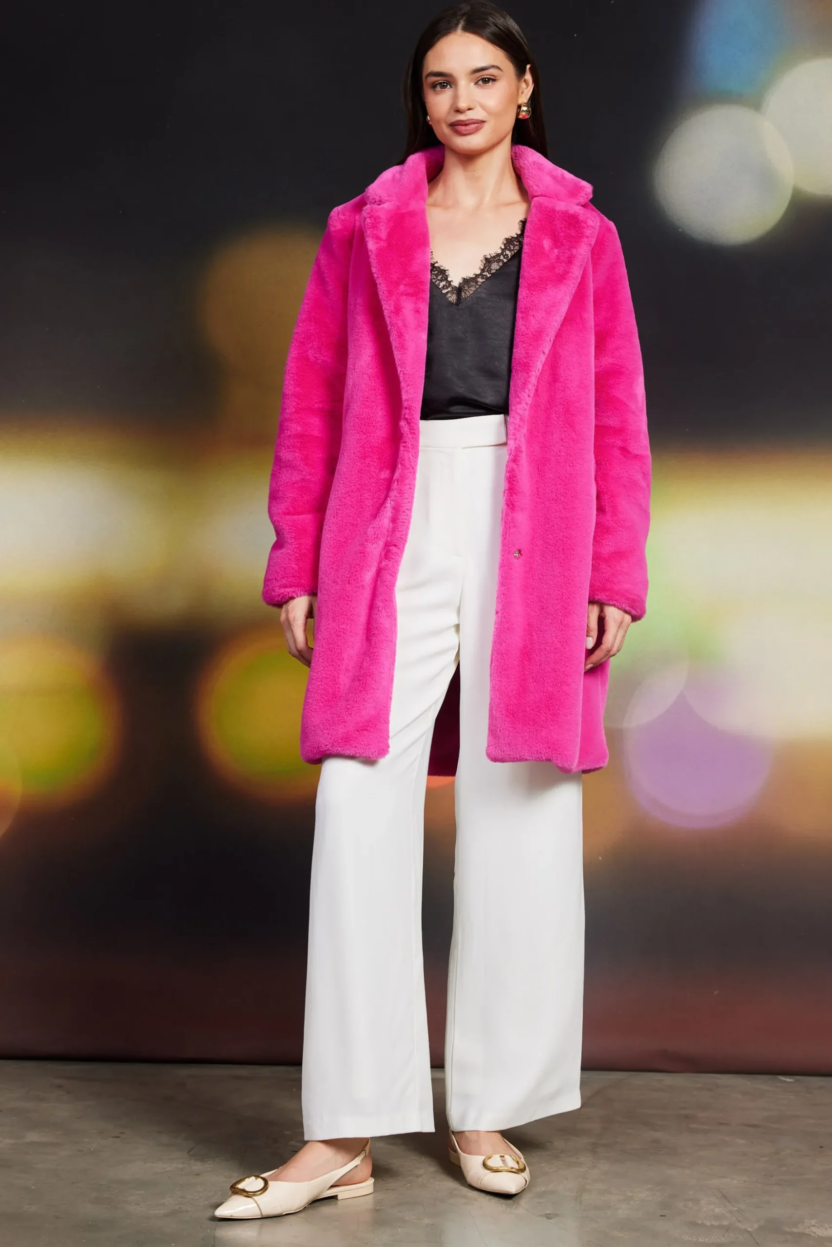 SKIES ARE BLUE Outerwear*Teddy Faux Fur Coat Berrypink