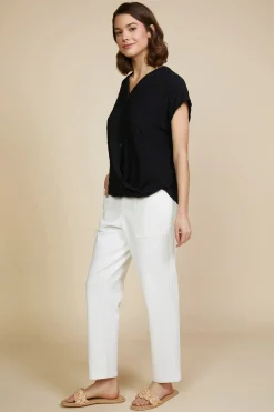 SKIES ARE BLUE Short Sleeve Tops*Textured Striped Buttoned Top Black