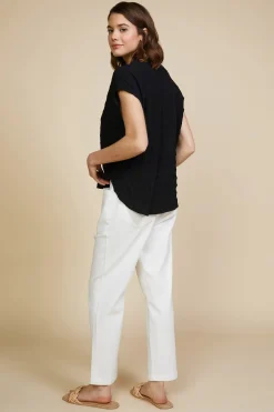 SKIES ARE BLUE Short Sleeve Tops*Textured Striped Buttoned Top Black