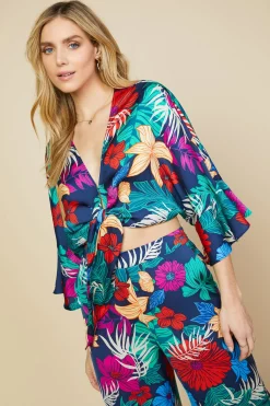 SKIES ARE BLUE Long Sleeve Tops*Tropical Front Tie Kimono Tropicana