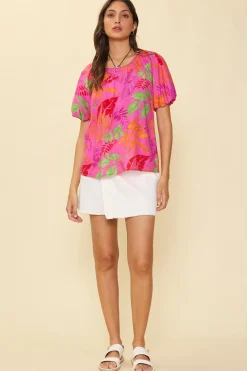 SKIES ARE BLUE Short Sleeve Tops*Tropical Print Bubble Sleeve Top Prettyinpink