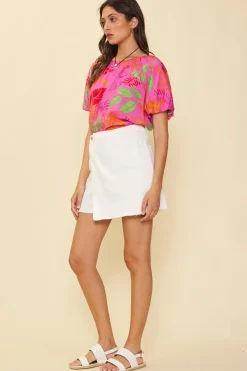 SKIES ARE BLUE Short Sleeve Tops*Tropical Print Bubble Sleeve Top Prettyinpink