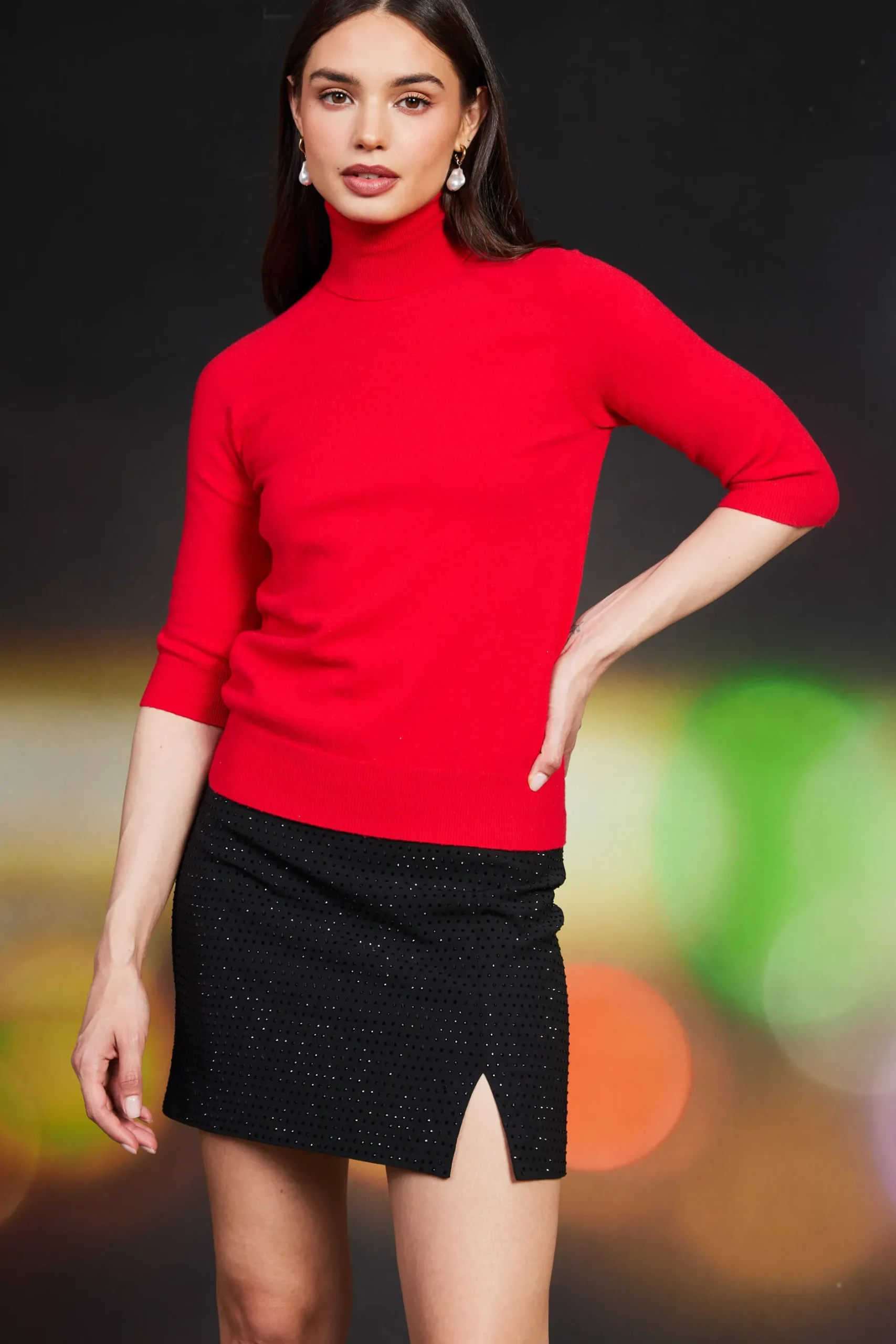 SKIES ARE BLUE Long Sleeve Tops|Sweaters*Turtleneck Three Quarter Sleeve Sweater Red