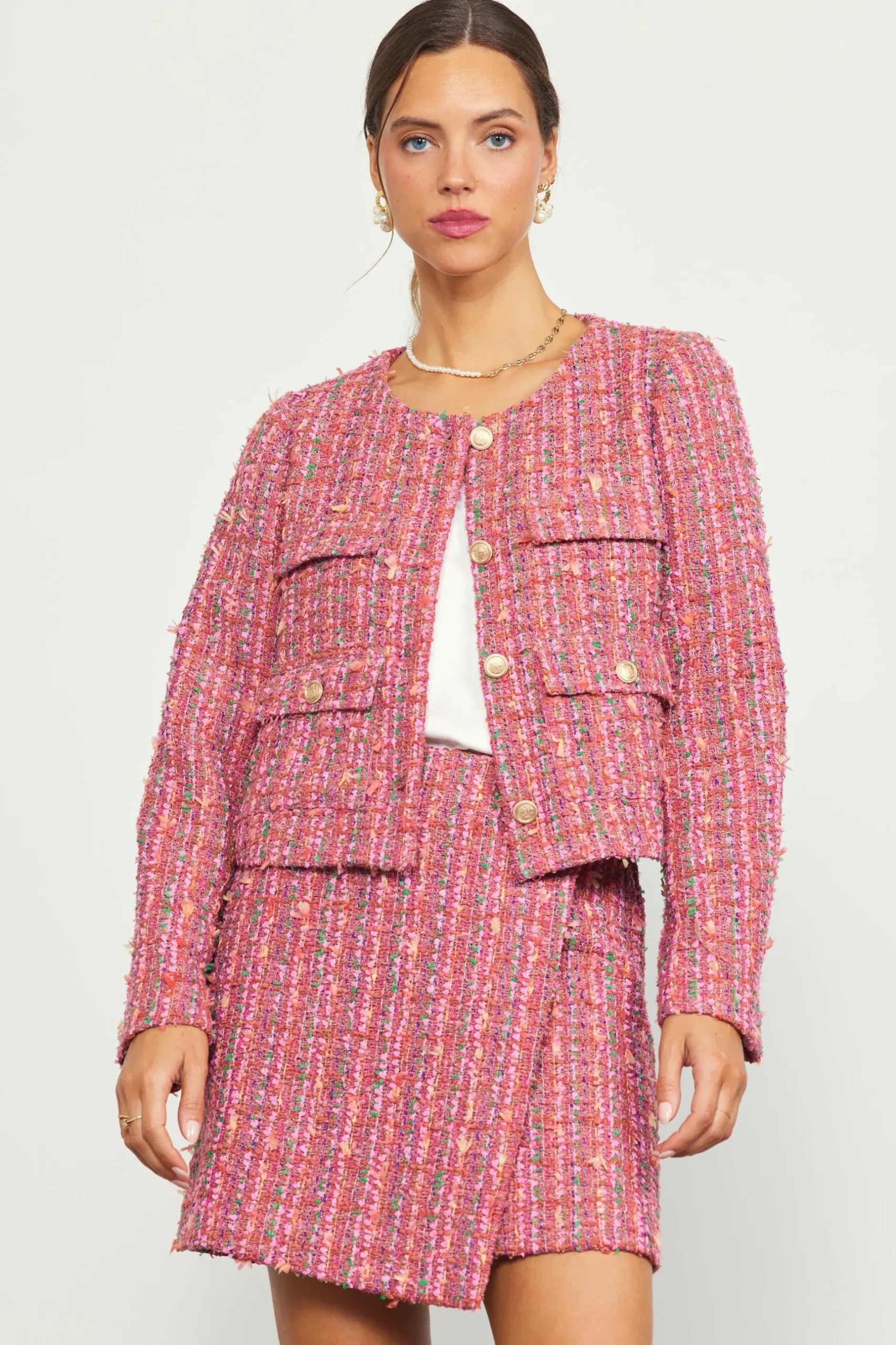 SKIES ARE BLUE Outerwear|Blazers*Tweed Structured Jacket Pinkmulti