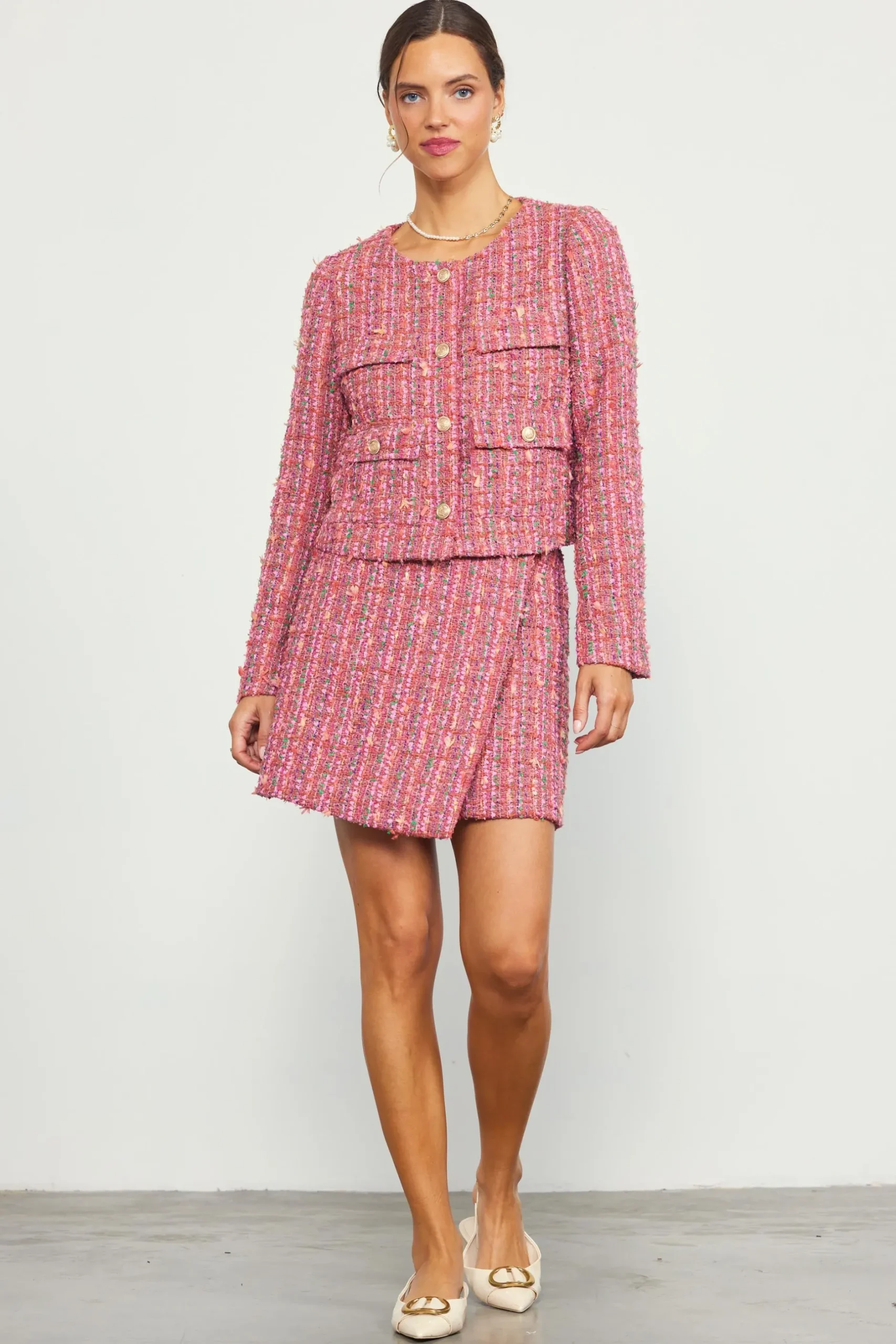 SKIES ARE BLUE Outerwear|Blazers*Tweed Structured Jacket Pinkmulti