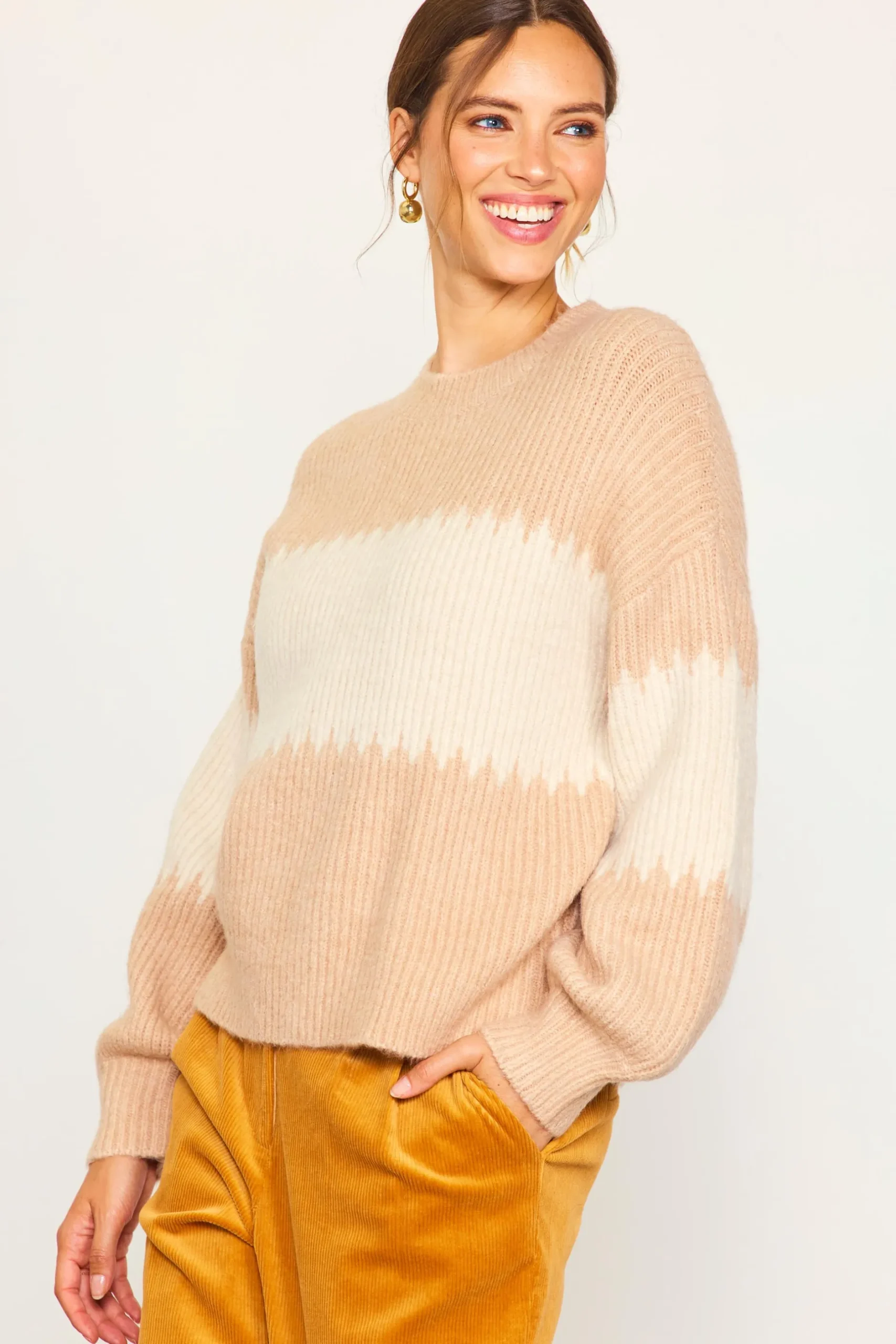 SKIES ARE BLUE Sweaters*Two Tone Mock Neck Sweater Beige