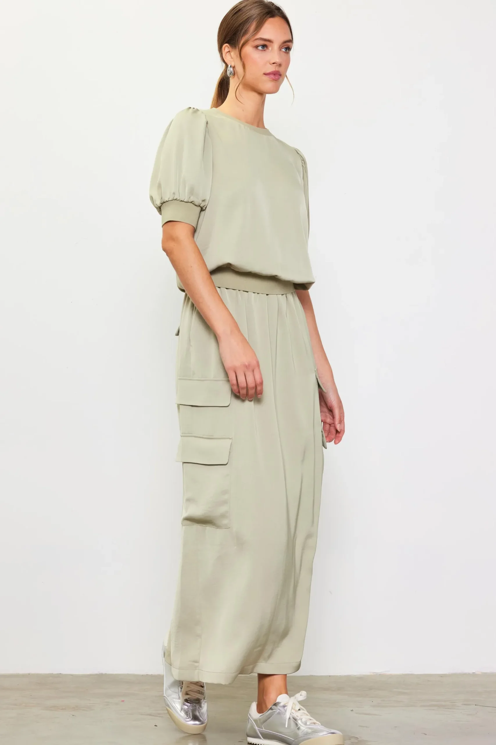SKIES ARE BLUE Skirts*Utility Cargo Pocket Midi Skirt Sage