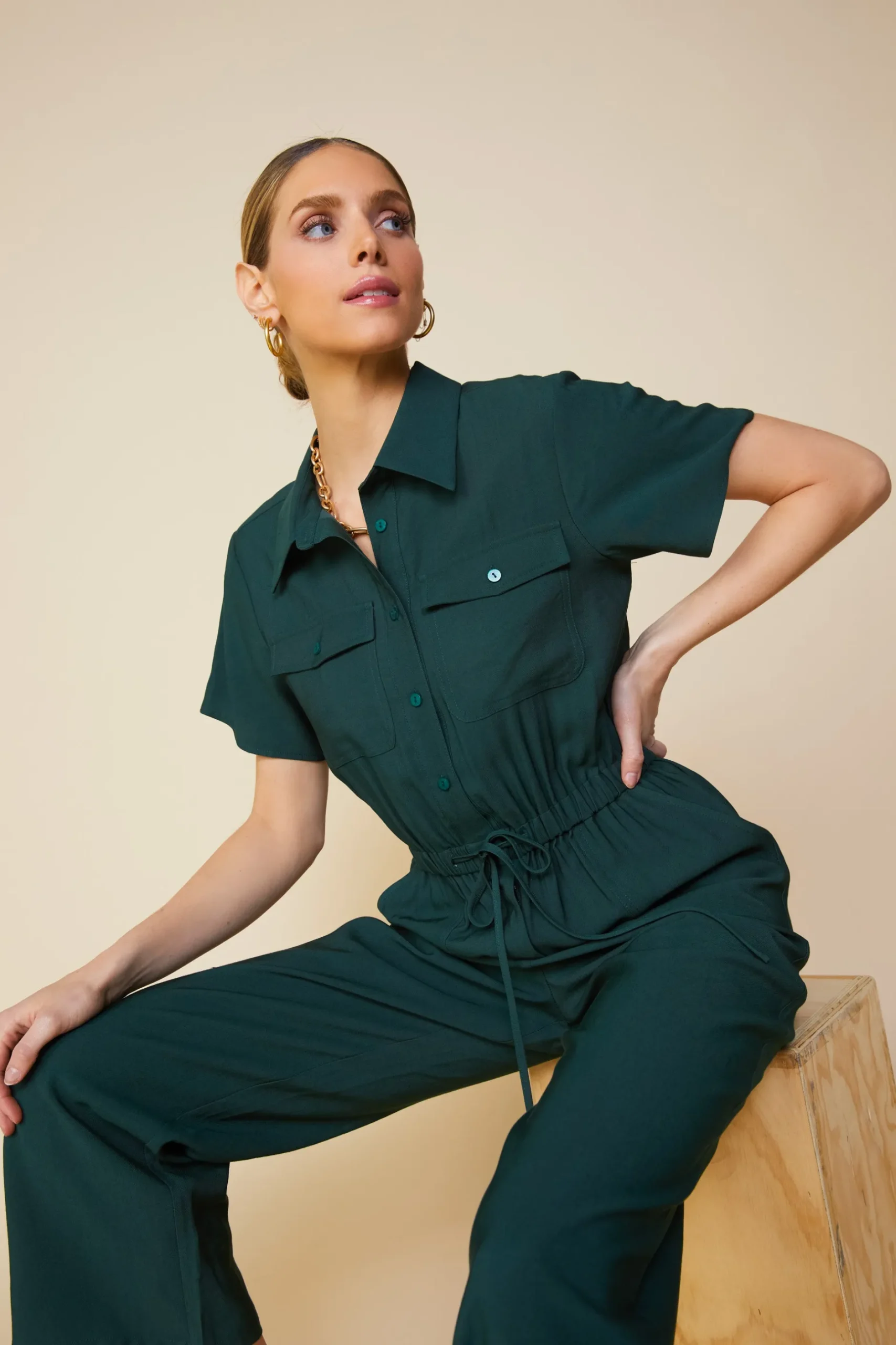 SKIES ARE BLUE Jumpsuits*Utility Short Sleeve Jumpsuit Gemstonegreen