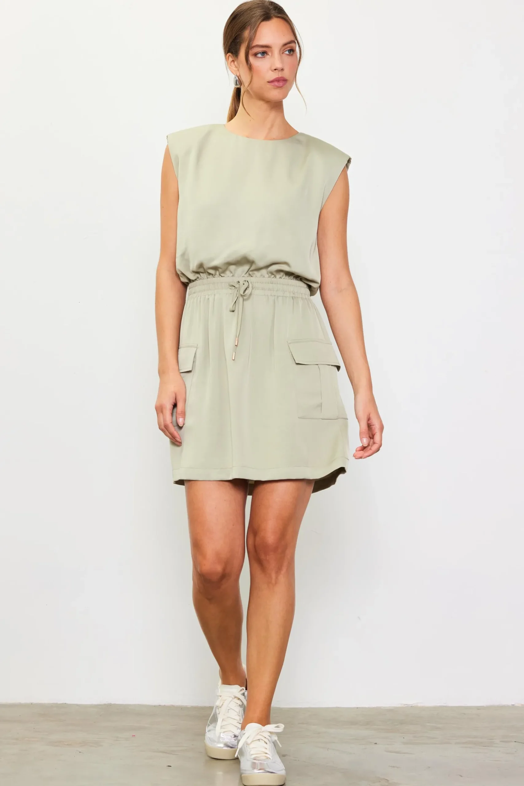 SKIES ARE BLUE Mini Dresses*Utility Sleeveless Mini Dress Sage