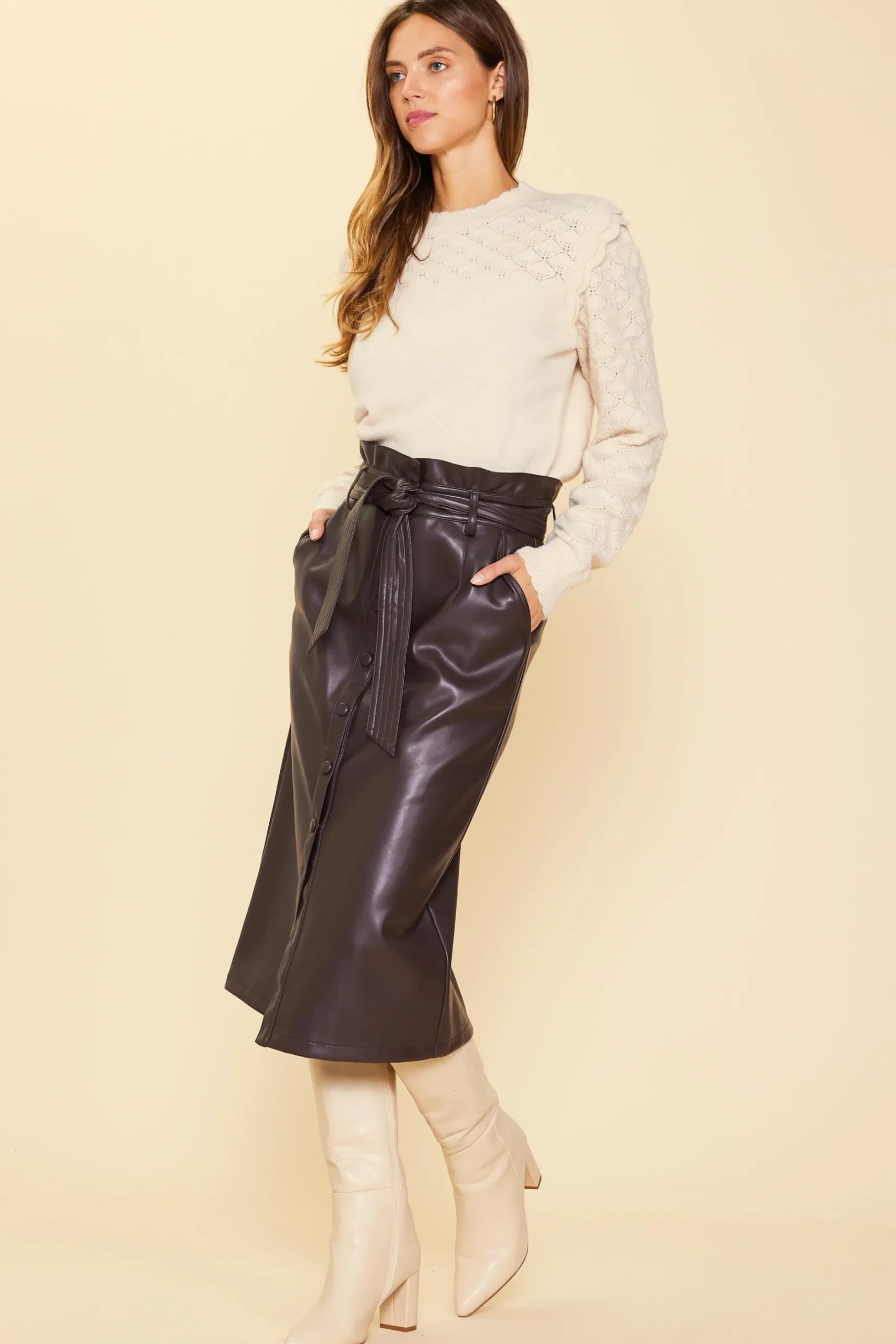 SKIES ARE BLUE Skirts*Vegan Leather Front Tie Midi Skirt Espresso