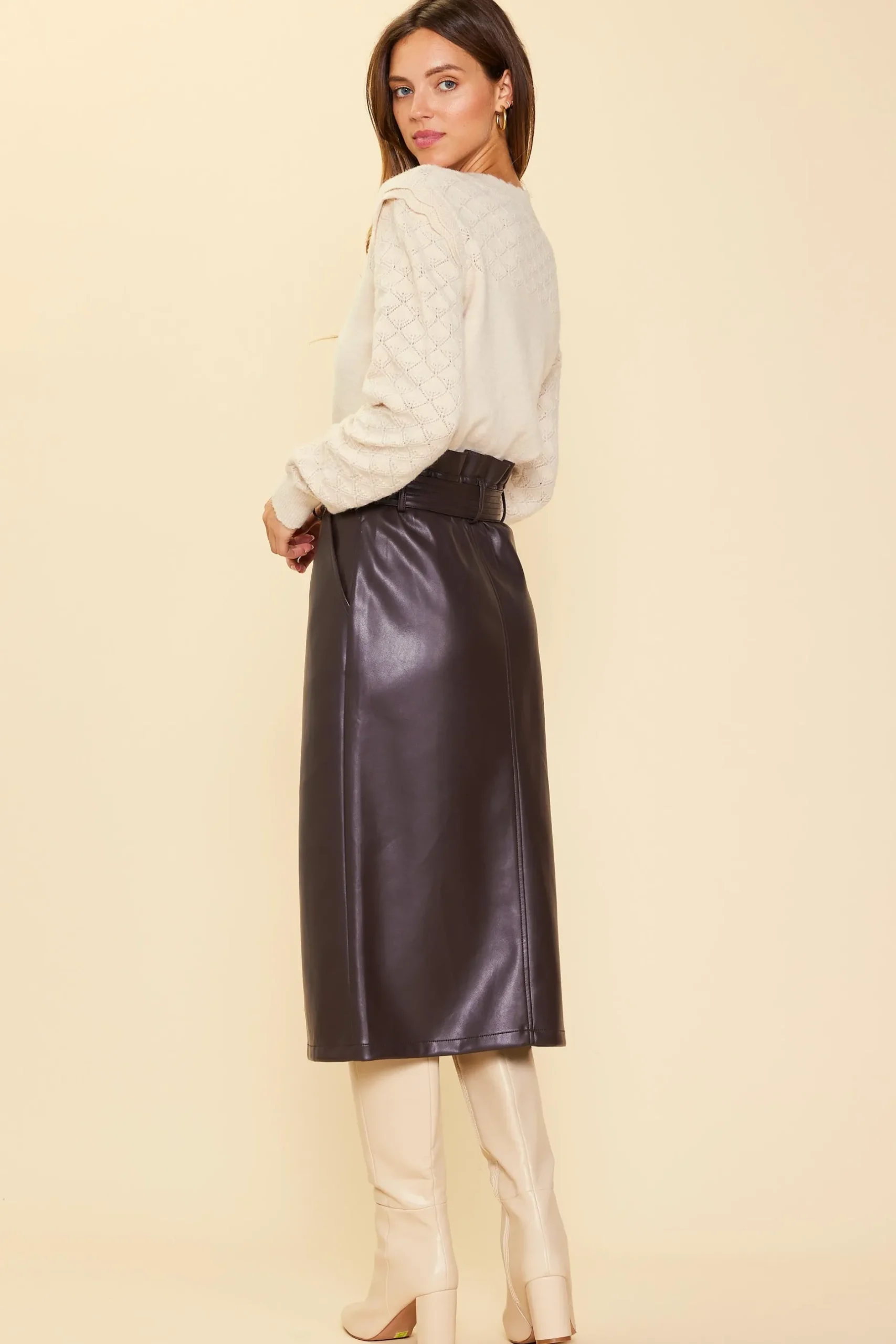 SKIES ARE BLUE Skirts*Vegan Leather Front Tie Midi Skirt Espresso