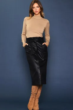 SKIES ARE BLUE Skirts*Vegan Leather Front Tie Midi Skirt Black