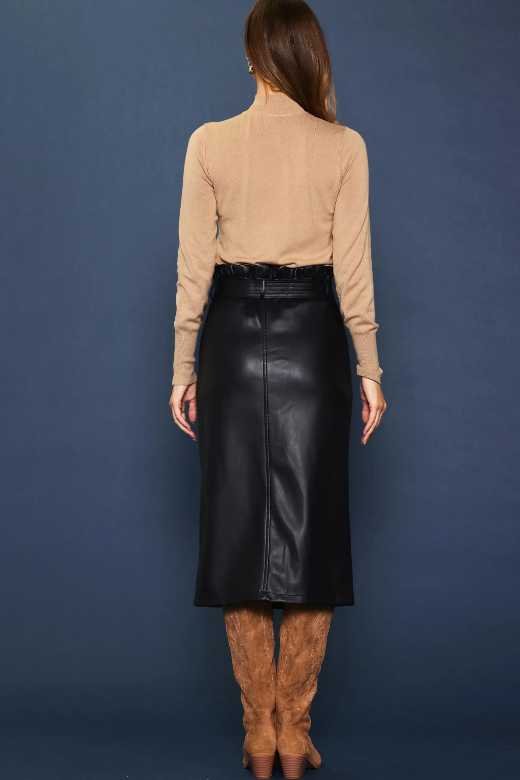 SKIES ARE BLUE Skirts*Vegan Leather Front Tie Midi Skirt Black