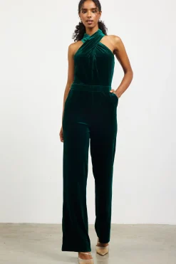 SKIES ARE BLUE Jumpsuits*Velvet Halter Neck Jumpsuit Huntergreen