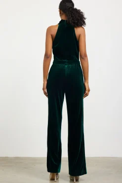 SKIES ARE BLUE Jumpsuits*Velvet Halter Neck Jumpsuit Huntergreen