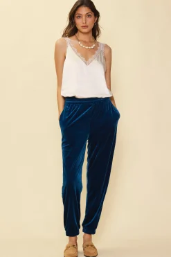 SKIES ARE BLUE Pants*Velvet Jogger Pants Teal
