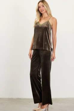 SKIES ARE BLUE Sleeveless Tops*Velvet Lace Detail Cami Darkolive