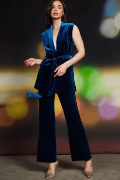 SKIES ARE BLUE Sleeveless Tops*Velvet Vest with Self Tie Teal